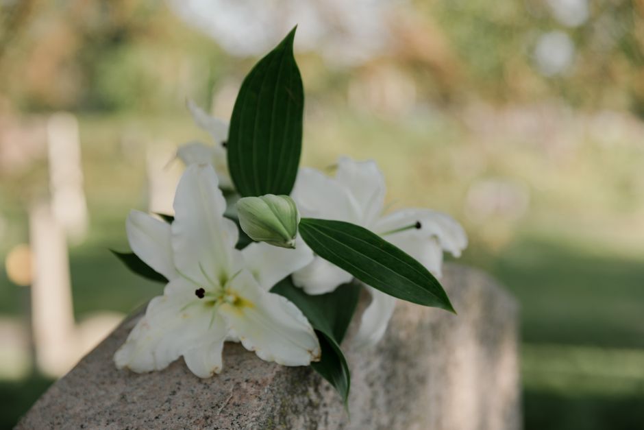 A close-up of a floral arrangement featuring white lilies with open blooms and a few closed buds, complemented by long, glossy dark green leaves. The flowers are resting on a light-colored stone surfa