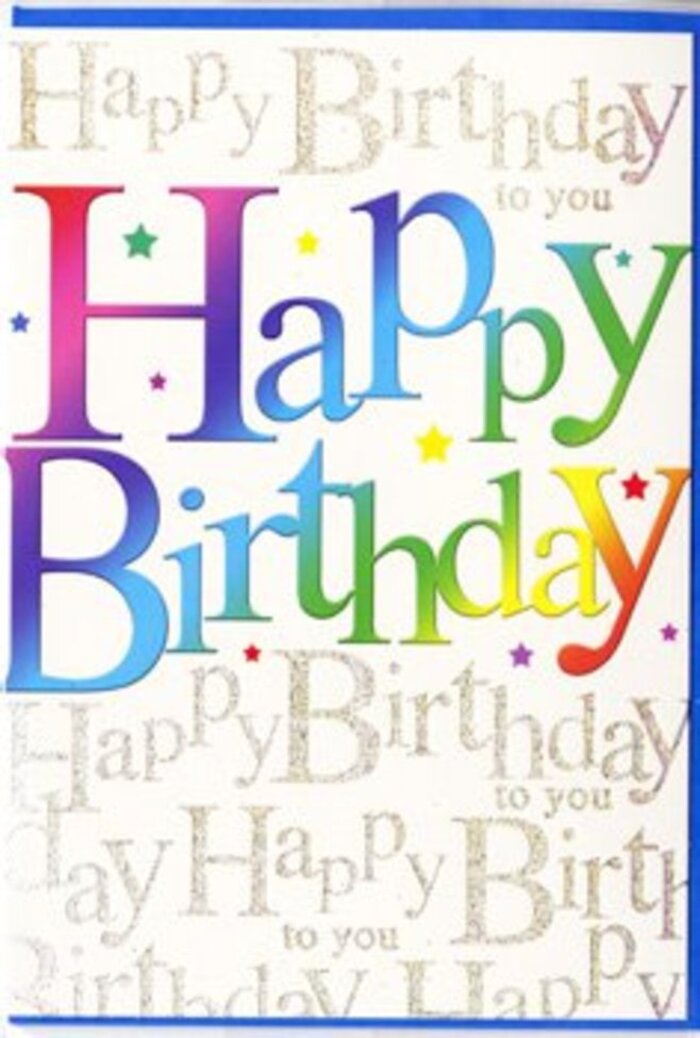 The birthday card pictured exudes the spirit of a lively celebration, as if it has captured the energy of a party at a favourite Garston café and pressed it into paper. At the centre of the design, the words Happy Birthday sweep boldly across the card in large, rounded letters that feel friendly and modern. Each letter is richly coloured, the palette flowing through the full rainbow - from bold ruby and deep pink into glowing orange, lemon yellow, and fresh grassy green, then on to turquoise, royal blue and velvety purple. The transitions between shades are smooth and seamless, giving the impression of gentle gradients brushed by hand, as though an artist had carefully blended each colour to create a harmonious arc of happiness. Against this chorus of colour, the background provides a softer, more intricate counterpoint: a continuous pattern of the phrase Happy Birthday to you penned in elegant, looping script. This writing is rendered in a soft, metallic gold that glimmers when the light strikes it, reminiscent of the way early morning sun might catch raindrops on leaves in a Garston garden. The script lines run across the card in delicate bands, partially obscured by the large coloured letters but still visible enough to enrich the design with texture and depth. Scattered lightly between the words are tiny starbursts and specks in complementary rainbow tones, evoking the joyful scatter of confetti or the sparkle of candles on a birthday cake. The card appears to have a smooth, satin finish, with the gold elements slightly raised, creating a pleasant contrast for fingertips. Altogether, it feels like a thoughtfully crafted birthday greeting that pairs perfectly with a bright floral arrangement delivered locally, bringing a sense of genuine cheer and celebration.