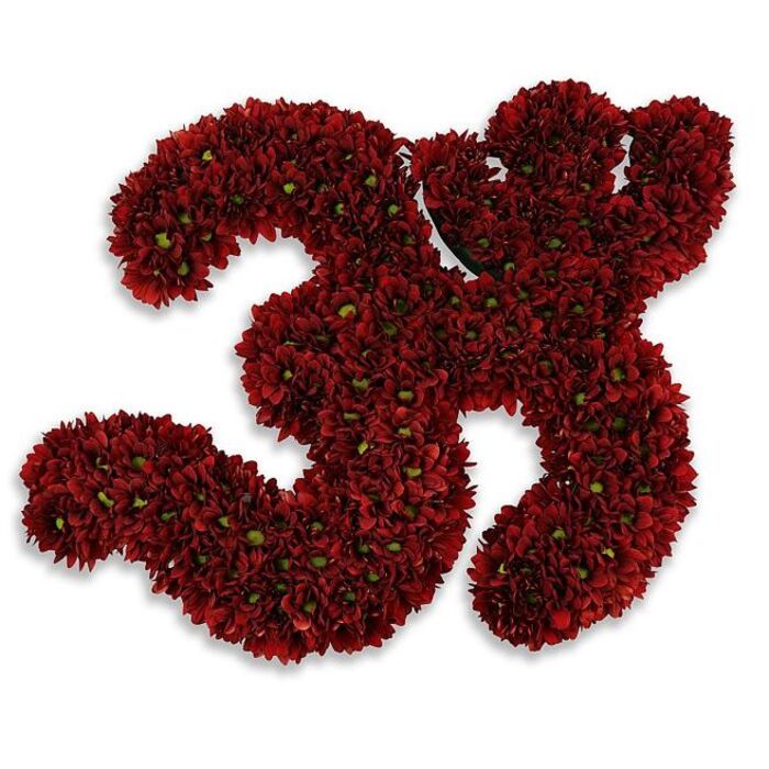 A meticulously arranged number '33' formed from an abundant mass of small, deep burgundy chrysanthemums or asters occupies the centre of a bright, white field, the colour saturated and sumptuous against the neutral background. Hundreds of compact, velvety blossoms have been arranged to follow the curves of each '3' precisely, creating a plush, tactile surface whose darkness is relieved by the tiny, vivid green centres of many individual flowers. This contrast of jewel-like red and fresh green adds an organic punctuation to the arrangement and guides the eye across the numerals' contours. A soft, diffuse gray shadow beneath the composition makes the digits appear slightly elevated, lending quiet gravitas and a gallery-like presence to what is essentially a handcrafted floral sculpture. The craftsmanship evokes both celebration and solemnity: it could mark a joyous 33rd birthday or anniversary, be placed as a thoughtful memorial piece, or commemorate a team or milestone at a local event in Garston. As a Garston florist I note the subtle scent of chrysanthemums - warm, earthy, and soothing - that would mingle with the morning air near the high street or a chapel on Church Road. Flowers Garston created this piece with careful attention to proportion and texture so it reads clearly from a distance yet rewards close inspection with its detailed floral surface, offering a meaningful, locally made tribute for the neighbourhood and nearby communities.