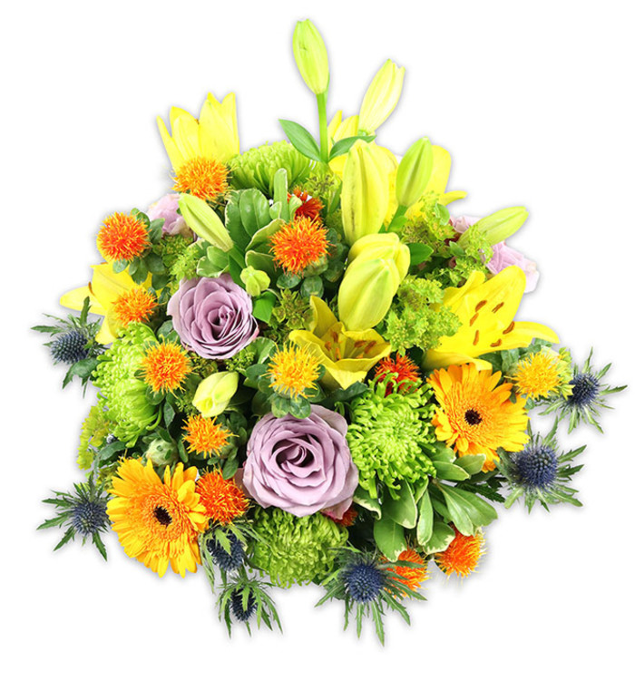 Set against a stark white backdrop, this abundant, hand-crafted bouquet reads as a studied harmony of warm sunshine and cool coastal notes. The composition is anchored by several yellow Asiatic lilies-their large, waxy petals sometimes fully open with visible speckles and stamens, sometimes forming upward-pointing buds that suggest growth and anticipation. Two soft lavender-purple roses sit near the centre, their layered spirals offering a serene focal point amid the energetic orange Gerbera daisies, whose flat, radial petals and darker centres add immediate brightness and friendly character. A generous scattering of lime-green button chrysanthemums fills the arrangement with a textured, almost cushion-like volume, while small, globe-shaped orange and golden accents provide whimsical spikes of colour. Blue-grey sea thistles (likely Eryngium) rise from the lower edges and sides, their starry bracts and sturdy stems introducing a cool, sculptural contrast to the predominantly warm palette. Variegated and glossy green foliage-long lily leaves and smaller, rounded fillers-bind the elements together, creating depth, movement, and a natural silhouette. The studio lighting is soft and even, highlighting petal translucence and the tactile differences between silky rose petals, the rigid thistle bracts, and the plush button mums. This arrangement feels simultaneously festive and comforting: suitable as a heartfelt thank-you, a vibrant centrepiece for a family table, or a sympathetic yet uplifting gesture. The bouquet reflects experienced craftsmanship, the careful selection of seasonal textures, and an understanding of how colour and scent can lift a home or mark a meaningful moment in Garston's neighbourhood gatherings.
