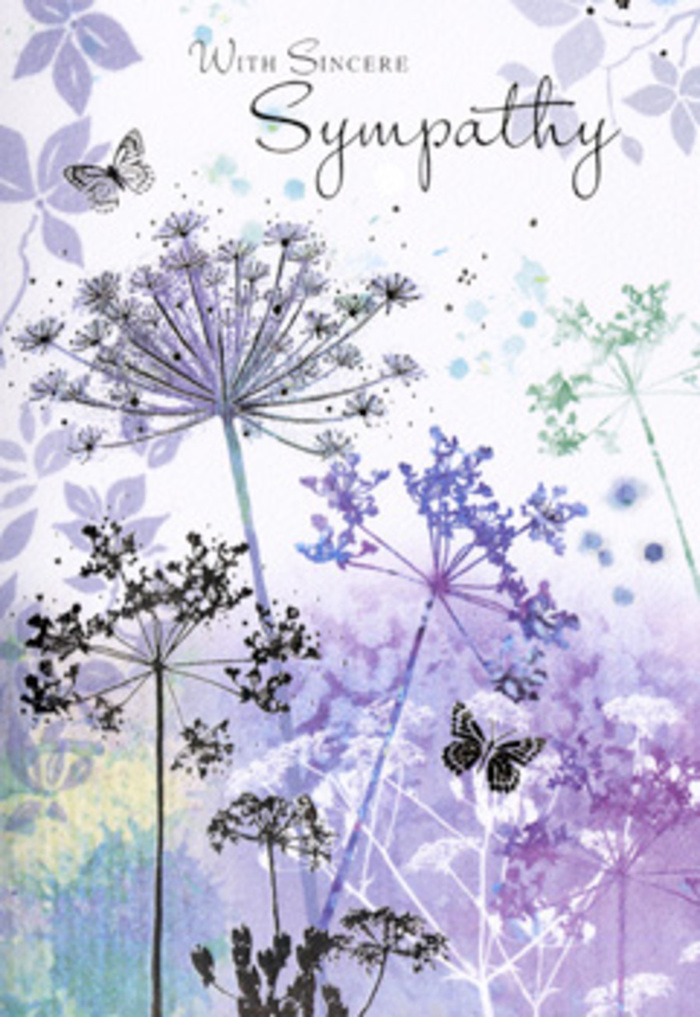 The design of this sympathy card carries a tranquil, contemplative beauty, reminiscent of looking across a dew-covered verge on the outskirts of Garston at first light. Slender, arching wildflower stems stretch upward, their heads crowned with tiny umbel clusters that resemble lace etched in ink. The flowers are painted in cool shades of violet, powder blue, and soft lilac, toned down with silvery greens so that nothing feels stark or demanding. Each line and petal is detailed yet softened by the blur of watercolour washes behind them, as if a light mist has settled over the scene. The background drifts from pale mauve to gentle grey-blue, with no sharp borders, just a gradual merging of colour that calms the eye. Two butterflies linger above the wispy blooms, wings gently open, suggesting a quiet message of hope and an unbroken thread between past and present. Their near-transparent forms blend with the sky-like backdrop, evoking the sense that they are both here and beyond. Light seems diffuse, as though the illustration were seen through a soft veil, creating an ambience of reflection and solace. The card does more than simply frame written condolences; it feels like an invitation to pause and remember, much like stepping into a still corner of a local churchyard or garden in Garston. For someone receiving sympathy flowers and this card together, the effect is one of gentle understanding-an artful, nature-led expression of support crafted with the same care and sensitivity we bring to every condolence arrangement prepared for the community.