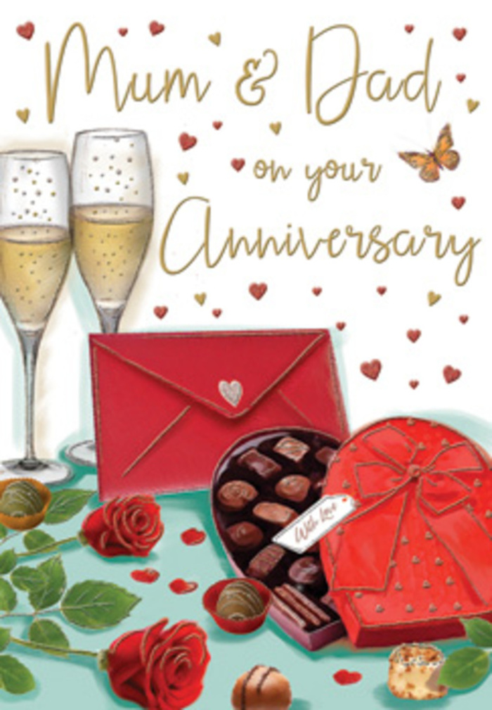 Detailed anniversary card artwork portraying a warm, indulgent celebration, as if it could be taking place in a family home just off St Mary's Road in Garston. The focus is on a pair of tall, slender champagne glasses standing very close together, each one brimming with golden liquid and fine bubbles that catch the illustrated light, giving the impression of gentle movement and soft clinking. Just in front of the flutes, a heart-shaped chocolate box, coloured a deep romantic red, lies open. An opulent bow made from wide, satin ribbon sweeps across the lid, its folds and shadows adding a tactile, three-dimensional feel. Inside, the chocolates are carefully drawn: domed truffles and square pieces in velvety mocha and dark chocolate tones, arranged in neat rows that almost invite you to reach in. Resting nearby are two crimson roses, their petals densely layered and slightly curled at the edges, shaded from rich ruby to softer scarlet to evoke depth and softness, just like a premium bouquet prepared by an experienced Garston florist. Their green foliage curves naturally around the blooms, adding balance and freshness. Small illustrated chocolates and glimmering hearts in gold and red drift across the background, framing a loving anniversary message addressed to parents. A vivid red envelope lies to one side, sealed and slightly raised, suggesting a handwritten card filled with memories and promises. The overall mood is luxurious yet homely, capturing the scent of roses, the imagined taste of fine chocolate, and the quiet happiness of an anniversary evening spent together, away from the bustle of Liverpool Road yet firmly rooted in Garston's family-centred character.