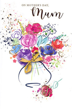 Mother's Day card artwork featuring a vibrant, expressive bouquet rendered in loose watercolour, as though an experienced Garston florist has sketched a favourite arrangement directly onto the page. At the centre, generous blossoms in vivid pink, cerise, and magenta radiate outward, each bloom edged with deep indigo lines that lend a sense of movement and depth. Softer notes of lavender, sky blue, and apricot are washed over and between the main flowers, creating the impression of delicate supporting blooms nestled among the focal stems. Fine strokes of metallic gold glint along selected petals and leaves, mimicking sunlight catching on fresh dew in gardens around Garston Park or along the tree-lined streets close to the station. The bouquet rises from a rounded vase with gentle curves, finished by a subtle golden bow shape that echoes the ribbon a florist might tie before sending a same-day delivery to a mum in the local area. Around the composition, loose splatters of colour and faint heart silhouettes dance across the white background, suggesting confetti, laughter, and the light-hearted chaos of family life. The palette remains harmonious despite its energy: hot pinks soften into mauves, deep indigo fades into soft violet, and fresh greens peek through, anchoring the scene in nature. This illustration feels like a joyful promise of spring, filled with gratitude and admiration, the sort of card a family in Garston might choose after picking out a bouquet together, wanting the artwork to echo the flowers waiting at home and the affection they carry.