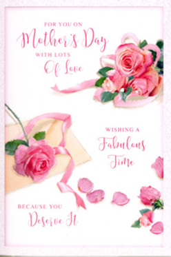 This Mother's Day card design unfolds like a romantic still life, with every element arranged as thoughtfully as a hand-tied bouquet prepared in a small Garston flower shop. The main focus is a generous spray of pink roses spread diagonally across the card, each bloom fully open, their petals velvety and softly shaded from pale blush at the edges to richer tones toward the heart. Around them, individual petals are scattered in a gentle trail, as if the roses have been laid down on a kitchen table near Garston Park after a visit to a local market, leaving a whisper of their presence behind. The card's background is clean and light, allowing the pinks to glow without distraction, while the roses are accented by a loosely curled, satin-like ribbon that winds among the blooms with graceful, organic curves. A handwritten message, in flowing script, sits prominently but never overwhelms the floral artwork; its swirling letters echo the arcs of the petals, offering warm wishes and affectionate appreciation. The overall lighting is calm and even, with soft highlights along the petal edges and ribbon folds, giving the impression of natural daylight slipping through a nearby window in a quiet Garston home. There is no clutter, just an elegant composition that feels both luxurious and intimate, the way a carefully chosen card should feel when paired with fresh flowers on Mother's Day. It suggests a moment of pause and reflection, evoking the scent of real roses and the tender gratitude felt for a mother who has given so much.