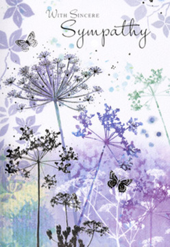 This sympathy card opens to reveal a refined, nature-inspired design that feels as peaceful as an early morning walk through the quieter streets of Garston. Tall, fine-stemmed wildflowers with umbrella-shaped blooms rise from the base of the card, their silhouettes drawn with filigree detail yet softened by washed layers of colour. Shades of violet, dusky lavender, and muted blue blend into pale moss and silvery green, like a mist lying low over fields just beyond town. Each bloom appears almost transparent at the tips, the petals barely defined, suggesting movement and life in the gentlest possible way. The background has been brushed with subtle watercolour gradients, soft and fluid, so no harsh line interrupts the calm. Among the feathery flower heads, a few butterflies drift and hover, rendered with such lightness that their wings feel like a breath of air. They echo the message of transformation and continuity, something we often sense when creating sympathy flowers for local families. The whole composition is quiet, balanced, and tender, with space around the illustration that lets your thoughts settle. Nothing about the card is busy or crowded; instead it offers a visual pause, a moment to breathe. The design pairs beautifully with white lilies, soft purple blooms, or any condolence tribute you might send to homes and churches across Garston, offering not only words of sympathy but a gentle reminder that care and memory are still present, even in the heaviest of days.