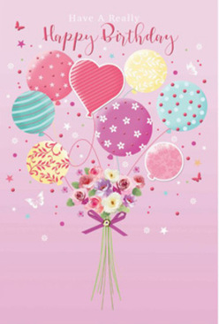 Pastel birthday card illustration showing a cluster of balloons lifting a dainty bouquet, imagined by a local Garston florist as a miniature celebration floating above the rooftops near Garston Park. The background is a soft, powdery pink, calming yet festive, making the colours of the design glow warmly. A set of round and heart-shaped balloons drifts upward, each balloon decorated with different whimsical patterns: candy-coloured stripes that curl like ribbons, tiny polka dots that seem to dance, and gentle floral motifs brushed in fuchsia, lemon yellow, and seafoam green. At their base, as if the balloons are tied to living stems, a small bouquet of fresh flowers gathers together, reminiscent of a hand-delivered posy from a neighbourhood florist. The blooms resemble petite roses and anemone-like flowers, their petals layered and feathery, softly tinted from cream to blush and muted mauve. A gleaming violet bow wraps the stems, the satin tail falling neatly like a final, thoughtful touch before birthday delivery. Around the composition, delicate stars and fluttering butterflies hint at a light breeze, suggesting movement and a sense of wonder. The lighting feels like a gentle morning glow over Garston, illuminating each balloon and petal with a soft sheen and creating an atmosphere of tender joy. This artwork captures the feeling of a heartfelt birthday greeting, blending balloons, flowers, and a hint of magic into one floating, unforgettable moment.