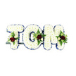 A serene, three-dimensional tribute spelling the name TOM, each letter built from a dense carpet of small, pristine white chrysanthemums whose soft petals create a pillowy, consoling surface. The letters sit crisply against a clean white background, the edges traced with a vivid royal blue ribbon that lends a handsome, defining line to every curve and corner. Nestled into the lower centre of each letter is a restrained, symmetrical floral spray: a single deep red rose anchors the cluster, its velvety bloom speaking of enduring love and sorrow, while tiny ivory spray roses and delicate buds nestle close for contrast. Slender fern fronds and lush green foliage weave between the blooms, adding quiet texture and a cool, natural scent that mingles with the faint, earthy perfume of chrysanthemum. A subtle dark-green metal support bar runs behind the base, barely visible but giving the letters a stable, upright presence as if poised for viewing at a funeral chapel or beside a graveside. The overall effect is formal yet tender - a practiced arrangement that offers dignity and solace. Light plays soft and even across the composition, highlighting the tactile depth of the chrysanthemums and the saturated crimson of the accent roses without harsh shadows. As a local florist familiar with services around Garston, I picture this tribute laid near the town's chapels or community halls, a crafted message of remembrance that reads plainly from the front row and comforts quietly from the pews. This design balances simplicity with ceremony, a bespoke sympathy statement meant to honour a life with care and restraint.
