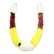 A ceremonial U-shaped garland laid against a clean white backdrop, photographed in soft studio light that leaves a delicate shadow and emphasizes its plush, tactile build. The piece is clearly made from high-quality artificial fabric petals: the top of each arm begins with a dense, cylindrical cluster of creamy white blooms-tiny, tightly-packed petals that mimic jasmine or chrysanthemum and give a cloud-like, feathery texture. That white block melts into a striking band of deep maroon or rust-red, the petals arranged with close, even stitching that suggests careful handwork. The longest sweep of each arm is a generous band of bright yellow flowers, their fluffy, pom-pom shapes forming the broad curve of the 'U' and catching the light like morning sun. Where the two arms meet at the base, a wider, heavier cluster of pure white chrysanthemum-like blooms acts as a visual anchor, airy yet substantial. Small dark-green leaf accents are tucked between some color changes-especially where yellow meets white-offering a cool contrast and the suggestion of fresh foliage without overpowering the colour blocks. The overall impression is ceremonial and composed: the white, yellow and maroon palette reads as purity, prosperity and devotion, a respectful nod to Hindu puja, temple offerings, Indian weddings and festivals such as Diwali or Holi. As a Garston florist might note when describing a piece to someone who cannot see it, the garland feels substantial and composed in the hands, its thousands of fabric petals arranged to imitate living blooms, suited for ritual use, decorative home displays, or as a warm sign of welcome for community gatherings near Garston Park and the village high street.