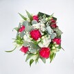 A lush, top-down view of a round floral bouquet shows a joyful clash of hot pinks, crisp whites, and layered greens, resting against a pure white background that makes every colour sing. At the heart of the design, large ruffled hot pink carnations create a cloud of texture, their many frilled petals overlapping like soft fabric, while deep pink and fuchsia roses nestle between them, some fully open in elegant spirals, others still in tight buds promising more beauty to come. Clusters of tiny white spray chrysanthemums and other daisy-like blooms are dotted throughout, forming gentle mounds of petals that lighten the composition. Threads of delicate white gypsophila weave in and out, adding a misty, romantic haze, while a few slender white alstroemeria-style buds stretch upwards with quiet grace. The greenery feels abundant and considered: rounded, silvery eucalyptus leaves bring a cool, soothing tone, their slightly waxy surface catching the light, while bright green linear foliage and darker folded aspidistra leaves cradle the bouquet in a structured collar. Soft, even lighting from above highlights each detail without harsh shadow, giving the bouquet a fresh, just-arranged look, as though it has just left a local Garston workbench on its way to a nearby home near the High Street or St Mary's Road. The overall feeling is one of lively celebration wrapped in tenderness, a design that could just as easily brighten a birthday brunch, send congratulations across Garston, or simply offer a comforting, colourful hug on a grey Merseyside afternoon.