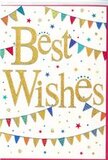 This congratulations card radiates the same buoyant spirit you might sense at a cheerful gathering in Garston, yet it remains elegantly simple. Across the centre, the words Best Wishes are written in broad, relaxed gold lettering, with a subtle glittered or foiled effect that makes the script glimmer softly, as if touched by warm light from a window on St Mary's Road. The strokes of the letters are smooth and confident, giving the message a friendly assurance. Above and below, strands of festive bunting arc gracefully, creating a frame of colour around the words. The tiny pennant flags are vivid and varied-scarlet reds, nautical blues, grassy greens, golden yellows, and touches of pink and turquoise-each marked with petite patterns such as polka dots, diagonal stripes, or checkerboard textures, like lovingly crafted decorations for a neighbourhood celebration. Scattered between the arcs of bunting are small stars and dots, some filled with metallic gold, others with bright pigment, placed irregularly so they feel like confetti drifting down after a joyful shout of congratulations. Against the clean white background, the colours stay crisp and lively, while the metallic details add a hint of luxury without feeling formal. The result is a card suited to many joyful milestones: a promotion at a local business, passing exams, or celebrating a new chapter in life. It is easy to imagine this card tucked into a fresh bouquet delivered to a home near St Mary's Church, carrying with it not just good wishes, but the feeling of shared happiness and quiet pride.