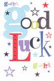 A bold, cheerful good luck card is shown close up, its crisp white background making the colourful typography and scattered stars almost dance off the page. The words Good Luck are arranged in a playful jumble of fonts, with oversized pastel-blue letters curling across the centre like a friendly wave, wrapped around deeper reds, mossy greens, and rich violets that add a sense of confidence and warmth. Between each letter, tiny stars sparkle in navy, sky blue, lilac, and lemon-lime, some sharply defined and others softly faded, like distant constellations drifting over the rooftops of Garston on a clear evening. The design feels modern yet nostalgic, as if it could be propped on a mantel in a family home off St Mary's Road or tucked beside a bouquet on a kitchen table after an exam result or first-day nerves. You can almost sense the silky smoothness of the quality card beneath your fingertips, the ink lying flat yet visually textured where colours overlap and dance. The lighting is gentle and even, with no harsh shadows, so every hue stands clean and bright against the white. There are no flowers printed on the card, yet the layout echoes the rhythm of a hand-tied bouquet, with letters and stars clustered like blooms and foliage. It feels like the kind of card you'd slip in with a same-day flower delivery in Garston for a new job, driving test, or university send-off, a compact burst of encouragement that says, without fuss, that someone truly believes in you and is quietly cheering from the sidelines.