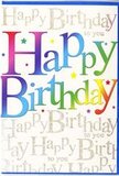 This birthday card captures the joyful feeling of a bright celebration, like stepping into a decorated hall for a party in the heart of Garston. The front is dominated by the phrase Happy Birthday, written in large, bold letters that seem to dance across the card. Each letter shines in its own colour, moving through a generous rainbow spectrum - from deep cherry red and rosy pink to juicy orange, warm golden yellow, fresh green, cool aqua, vivid blue and rich purple. The colours melt into each other in soft gradients, so nothing feels harsh; instead, the words glow with an inviting, almost playful warmth. Behind this strong, colourful statement lies a more delicate layer: a repeating pattern of the words Happy Birthday to you written in a fine, flowing script. This background text is a gentle metallic gold, catching the light subtly, like the glint of ribbon on a wrapped present from a local Garston gift shop. The handwritten style gives the impression that someone has lovingly repeated the message again and again, reinforcing the sentiment without overpowering the eye. Small, scattered stars and confetti-like flecks in coordinating rainbow tones add extra movement, as if echoes of laughter and music have been sprinkled across the design. The card surface looks smooth and slightly glossy, with the gold script providing a soft, tactile contrast where fingers might pause. Overall, the design balances bold colour and refined detail, making it an ideal companion to a hand-tied bouquet, the sort of card that turns a simple birthday greeting into a moment of pure, colourful joy.