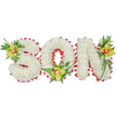A tender, three-dimensional floral tribute spells the word SON in large block letters, each letter sculpted from hundreds of small, pristine white chrysanthemum blooms that give the piece a soft, cloud-like surface and a quietly reverent voice. The letters sit against a clean white background and are traced all the way around with a vivid red ribbon folded into scalloped loops that catch the light and offer a warm, dignified contrast to the snowy petals. Near the upper curve of the S, at the base of the O and along the upper stroke of the N, bright lime-green Cymbidium orchids are artfully placed - their waxy petals carrying a faint, sweet scent and showing delicate pale orange to reddish-brown markings in each throat. Lush green foliage, including slender glossy leaves and fine fern fronds, fans out from each orchid cluster, creating graceful vertical lines and a feeling of natural renewal that balances the arrangement's solemn tone. The chrysanthemums' tightly packed heads provide consistent texture and weight, while the orchids' smooth, architectural blooms and the feathery ferns add dimensional depth and visual elegance. Soft, diffused lighting emphasizes the whites and greens without harsh shadows, lending the tribute a peaceful, memorial quality that suits a funeral service, graveside marker, or church chapel display. As a local florist familiar with Garston's High Street and the nearby chapels and community cemeteries, I often craft this style of personalized wording to help families express deep love and remembrance with careful, earnest workmanship and reverence.