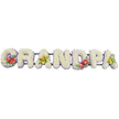 The image shows a long, horizontal floral arrangement spelling out the word GRANDPA in large, block-style capital letters, laid out clearly against a plain white background like a focal piece at a Garston memorial. Each letter is densely filled with fresh white chrysanthemums, their delicate petals overlapping to form a plush, cushion effect that looks soft to the touch and radiates a sense of gentleness and peace. A slim band of light lavender ribbon traces along the base of each letter, peeking out beneath the flowers and adding a muted lilac outline that subtly defines the shapes without overpowering the white. The letters are aligned on dark green support bars, which are mostly hidden but give the tribute structure and allow it to be displayed as one continuous word. Carefully placed clusters of accent flowers break the uniform white at key points. On the G, rich red anthuriums with their glossy, heart-shaped spathes and bright yellow spadices nestle among dark green leaves, drawing attention to the beginning of the word. The first A is graced with a spray of yellow-green orchids, their slender petals and spotted throats emerging from lush foliage. The D echoes the G with another cluster of deep red anthuriums, while the final A mirrors the first with more lime-toned orchid blooms. The overall design feels composed, loving, and respectful, the type of bespoke funeral tribute often chosen by families in Garston to remember a devoted grandad, offering a visual message of remembrance and affection in a calm, elegant palette.