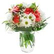 This radiant bouquet exudes cheerful energy and heartfelt elegance, capturing the comforting warmth of a Garston morning in early spring. Coral-hued carnations sit at its center, each ruffled petal textured and alive, their vibrancy echoed by the snowy white chrysanthemums nestled closely by. Between these main actors, classic white daisies with bright green-yellow eyes bring a dash of playful innocence-evoking wildflowers gathered along the paths of Garston's green spaces. Sprigs of delicate baby's breath are carefully woven throughout, lending a cloud-like softness that gives the arrangement its airy silhouette, while a few magenta alstroemeria buds peep shyly from the left, hinting at unfolding beauty yet to come. Surrounding all, a generous selection of verdant foliage frames the arrangement, from broad, glossy leaves anchoring the base to more slender greens that emerge playfully up toward the blooms. The entire composition is cradled in a simple, clear glass vase, water shimmering beneath, revealing every sturdy stem. With its uplifting palette and artful textures, this bouquet would brighten any Garston home-from light-filled kitchens to welcoming front rooms-and is an ideal choice for birthdays, thank you gestures, or simply bringing a touch of nature's joy to those you care about most in the local community.