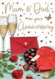 Luxuriously romantic anniversary card illustration depicting a carefully composed still life, as though arranged for a special evening at home in Garston. At the heart of the design, two champagne flutes stand close enough that their delicate stems nearly touch, each glass filled with pale golden champagne. The tiny bubbles are drawn rising towards the rim, catching highlights that hint at candlelight or the soft glow of a nearby lamp. In the foreground, an open heart-shaped box of chocolates, wrapped in a rich red casing and topped with an extravagant scarlet bow, reveals a tidy selection of truffles and pralines, painted in creamy and dark chocolate browns. A few individual pieces are scattered outside the box, adding an unposed, intimate touch. To one side rest two fully opened red roses, their velvety petals overlapping in lush spirals, detailed enough that you can almost feel their softness and imagine their gentle fragrance. Deep green leaves curl around the blooms, echoing the fresh foliage a local florist might choose for a hand-tied arrangement. Across the background drift tiny gold and crimson hearts, framing a handwritten dedication to Mum & Dad and giving the impression of love that spills beyond the edges of the card. A vivid red envelope, neatly sealed, lies in the scene like an invitation to share private words and memories. The palette of ruby reds, warm golds, and chocolate browns creates a sense of cosy indulgence, making this image feel like a heartfelt anniversary toast shared in a quiet Garston home after the day's celebrations are done.